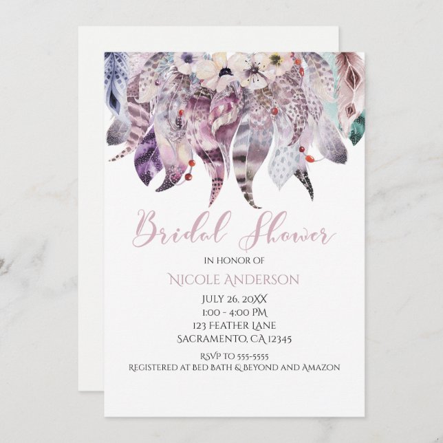 Boho Bohemian Feathers Bridal Shower Invitations (Devant / Derrière)