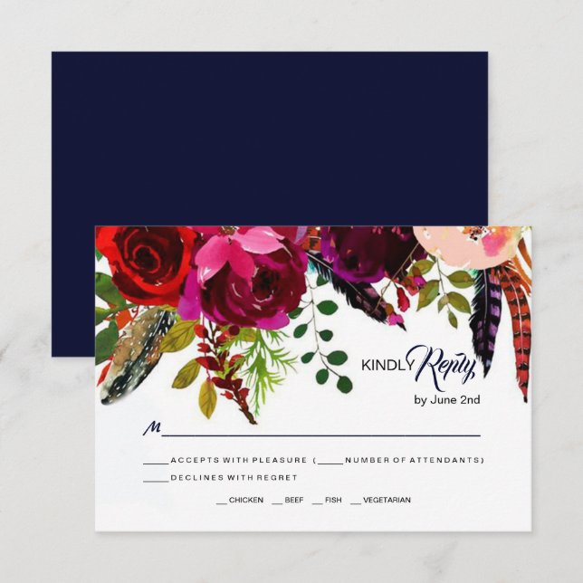 Boho Bold Burgundy Marine Floral Wedding RSVP (Devant / Derrière)