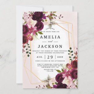 Boho Bordeaux Florals Invitation géométrique