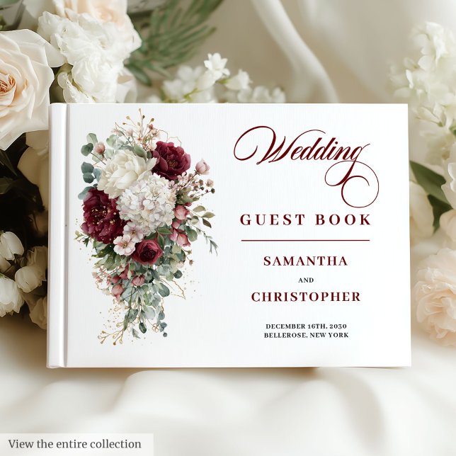 Boho bordeaux or blanc rose livre d'or mariage (Boho burgundy gold roses wedding guest book design

)