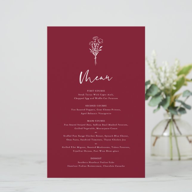 Boho Botanics Bourgogne Mariage Carte Menu (Debout devant)