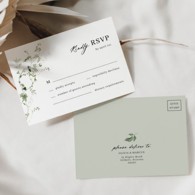 Boho Botanique Sage Green Vine Wedding Carte RSVP (RSVP Card Front/Back)