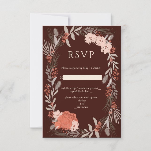 Boho botaniques Brown et crème Mariage carte RSVP (Devant)