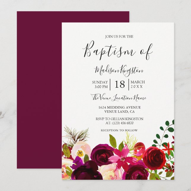 Boho Bourgogne Fleurs Baptême Invitation (Devant / Derrière)