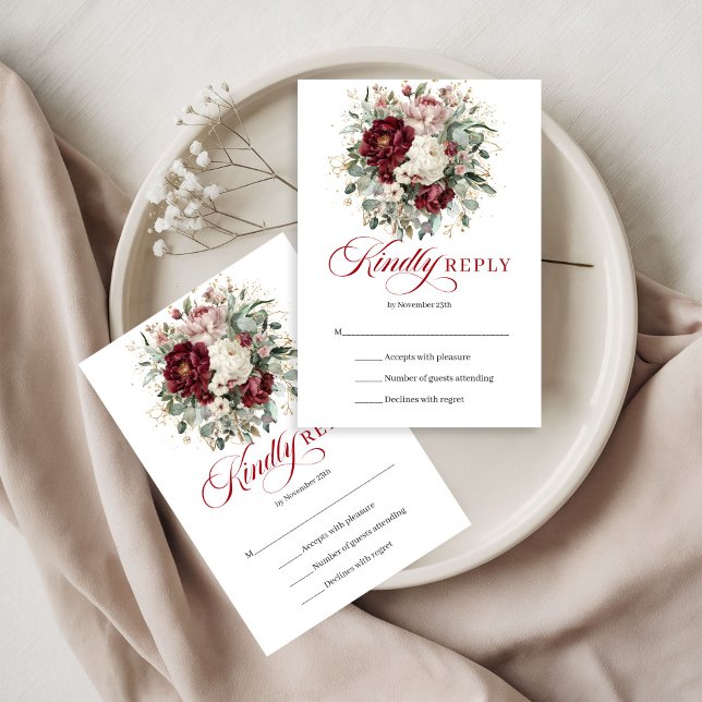 Boho Bourgogne Fleurs Verdure Or Mariage RSVP  (Boho Burgundy Flowers Greenery Gold Wedding RSVP Card)