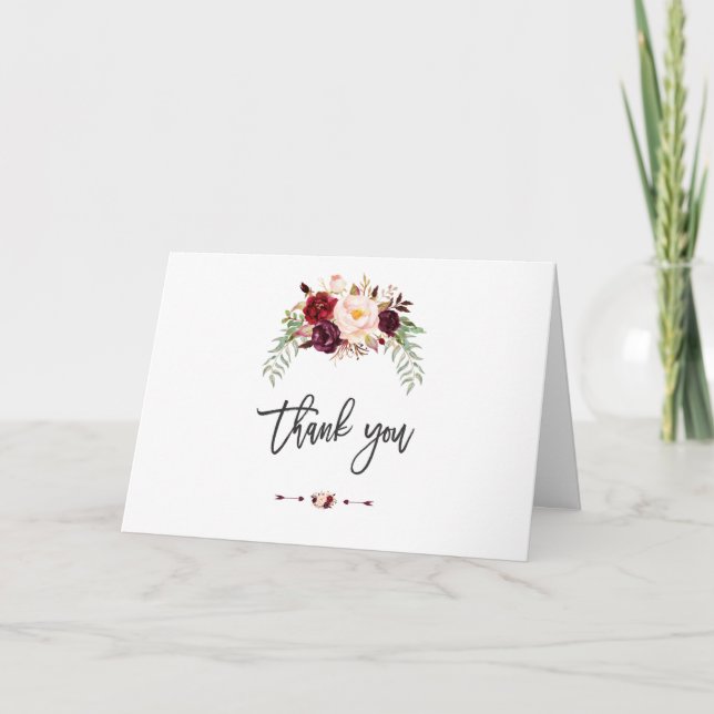 Boho Bourgogne Marsala Floral Calligraphie Merci (Devant)