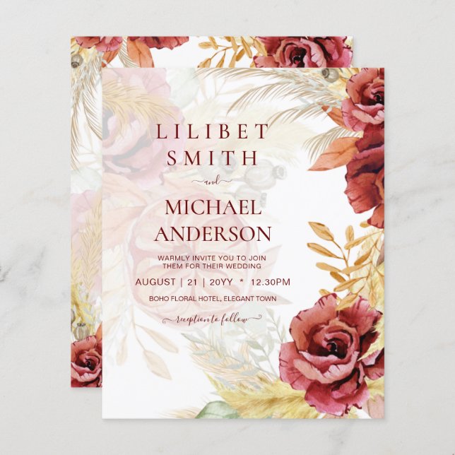 BOHO Bourgogne Rose Pampas Mariage (Devant / Derrière)