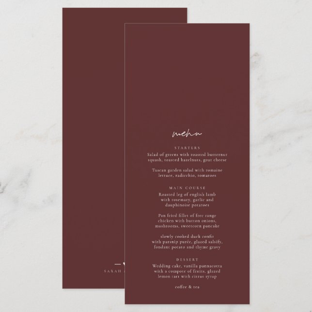 Boho Burgundy Elegant Minimaliste Menu Mariage (Devant / Derrière)