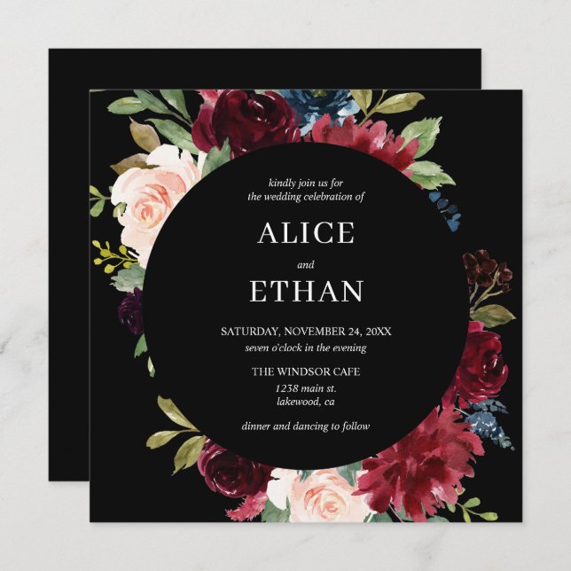 Boho Burgundy Et Navy Blue Floral Invitation (Devant / Derrière)