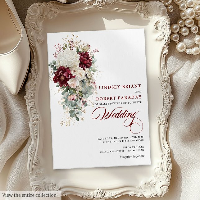 Boho Burgundy Faire-part de mariage d'aquarelle bl (Boho Burgundy White Watercolor Wedding Invitation)