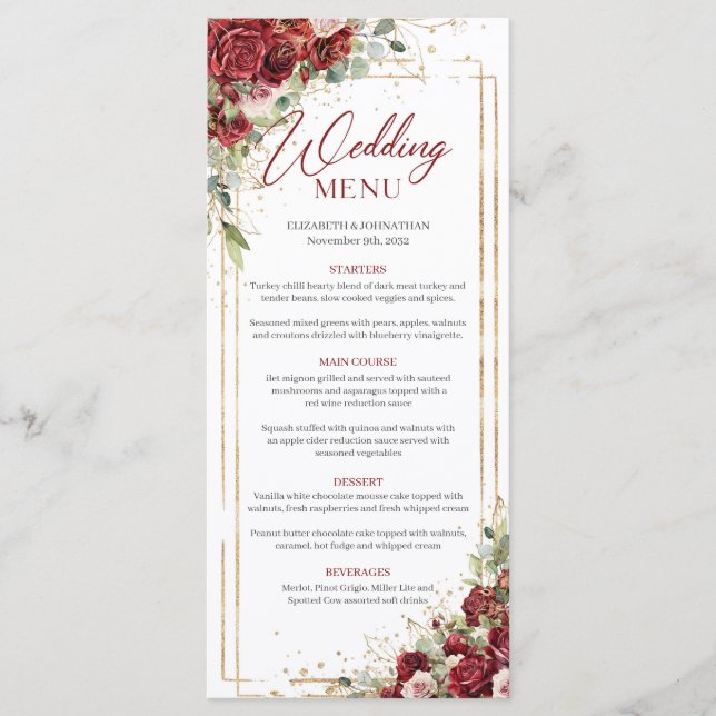 Boho burgundy floral or géométrique menu mariage (Devant)