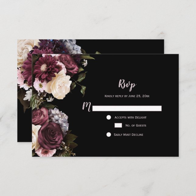 Boho Burgundy Rose Blanc Floral RSVP | (Devant / Derrière)
