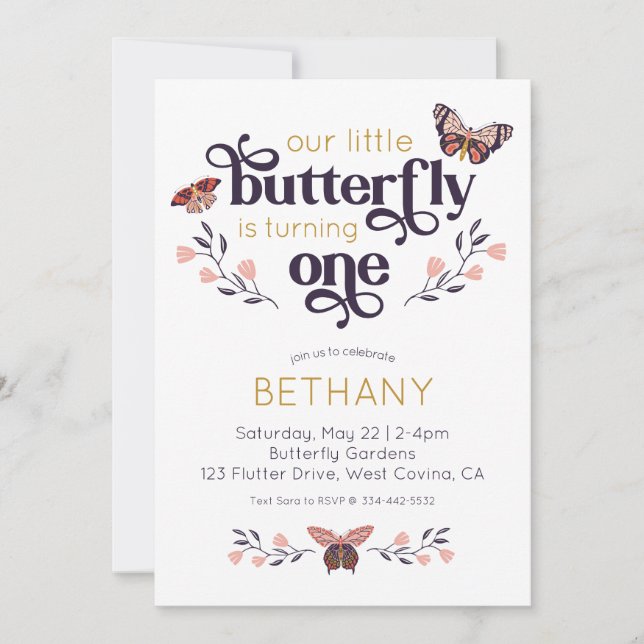 Boho Butterfly First Birthday Invitation (Devant)