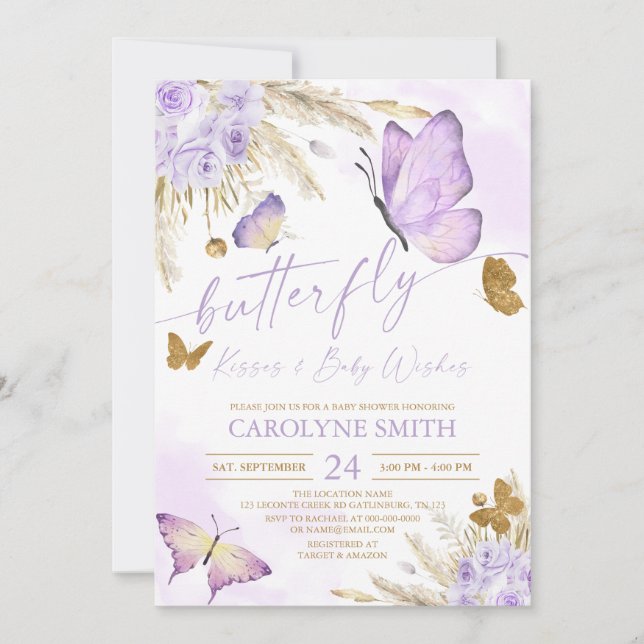 Boho Butterfly Kisses Baby shower Invitation (Devant)