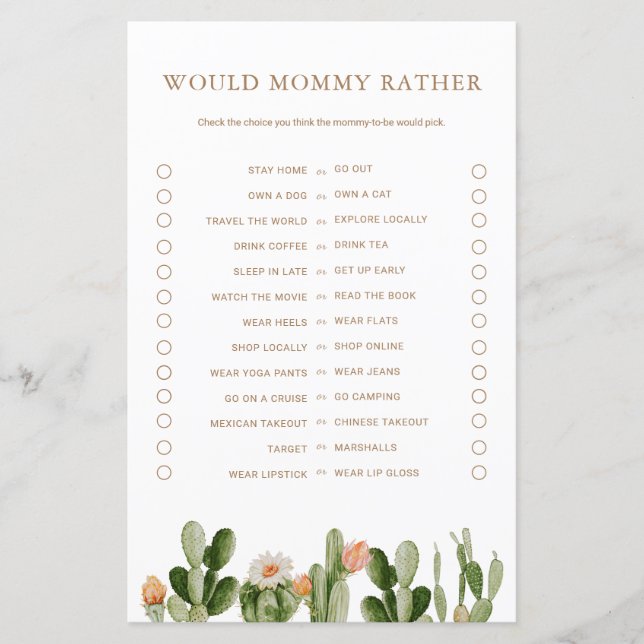 Boho Cactus Baby shower Voudrait Maman Plutôt Jeu (Devant)