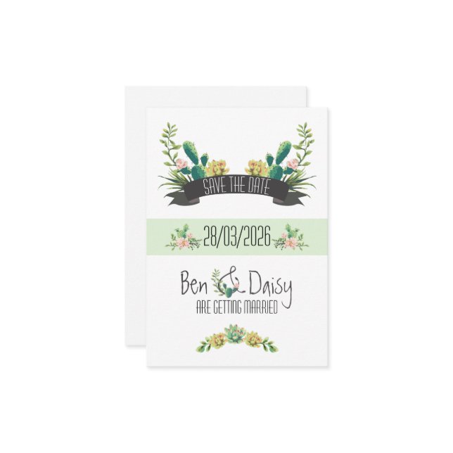 Boho Cactus Flat Save The Date Card (Devant/Arrière en situation)
