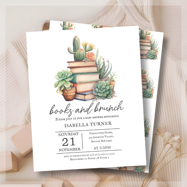 Boho Cactus Livres & Brunch Baby shower Invitation (Créateur téléchargé)