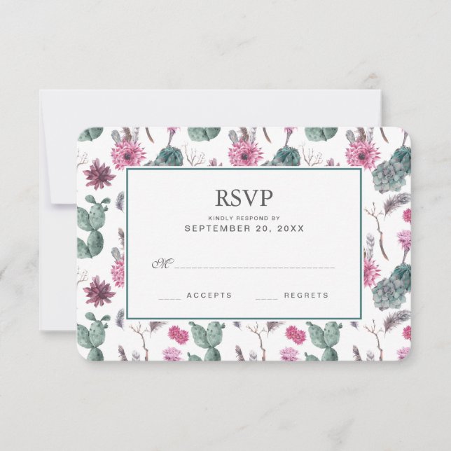 Boho Cactus, Succulent & Floral - Mariage RSVP (Devant)
