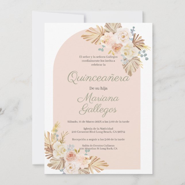 Boho cadre rose Quinceanera invitation (Devant)