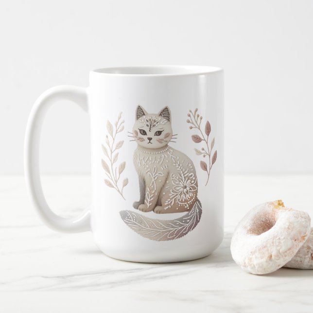 Boho Cat Mug Élégant minimaliste Feline Coffee Cup (Avec donut)
