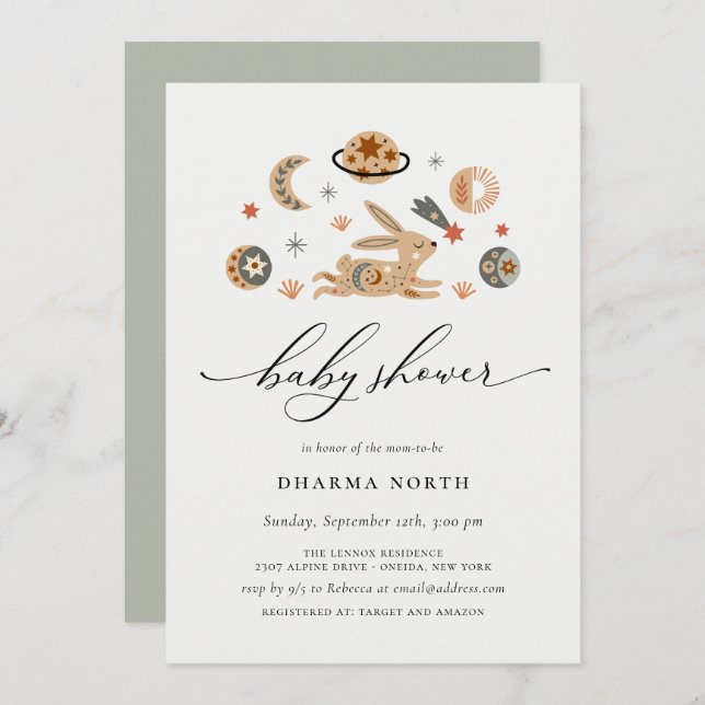 Boho Celestial Bunny Baby shower Invitation (Devant / Derrière)