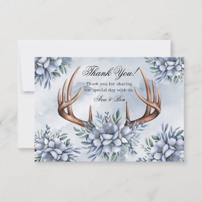 Boho Cerf Ramure Bleu Poussiéreux Floral Merci (Devant)