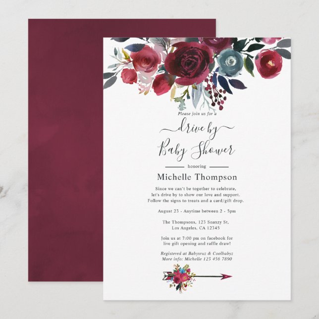 Boho Chic Bourgogne et Fleurs de Marine Invitation (Devant / Derrière)