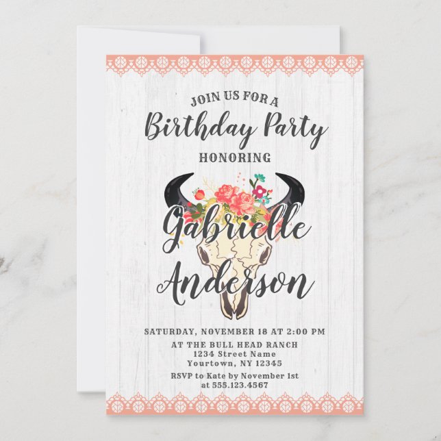 Boho Chic Cow Crâne Anniversaire Fête Invitation (Devant)