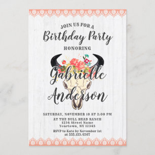 Boho Chic Cow Crâne Anniversaire Fête Invitation