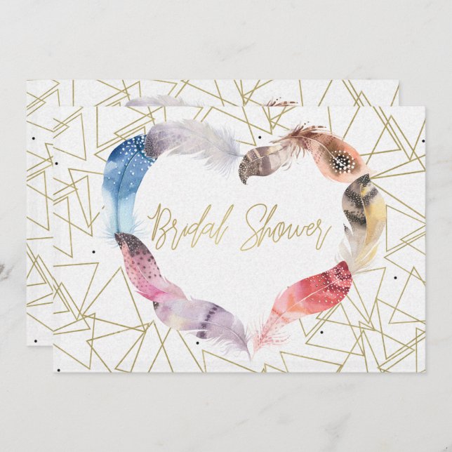 Boho Chic Feather Heart Bridal Douche Invitations (Devant / Derrière)