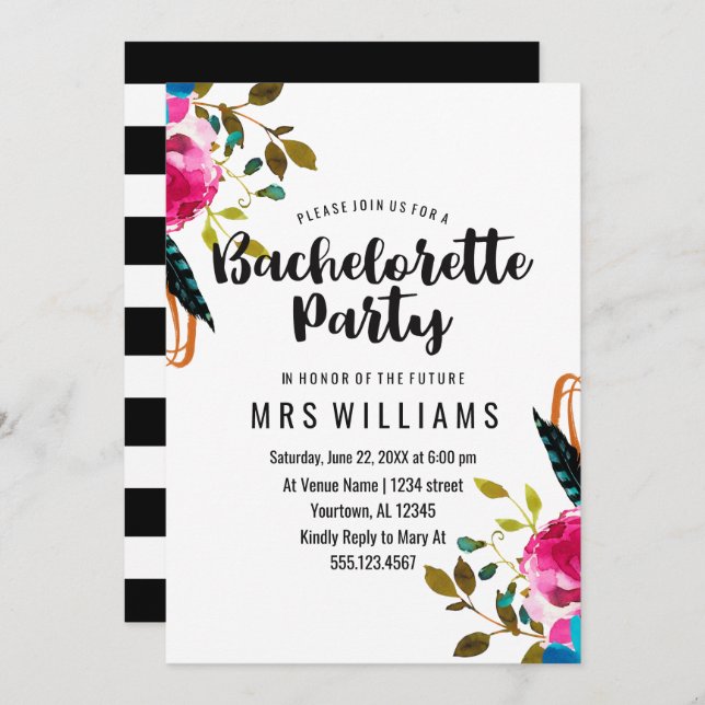 Boho Chic Floral Bachelorette Party Invitation (Devant / Derrière)