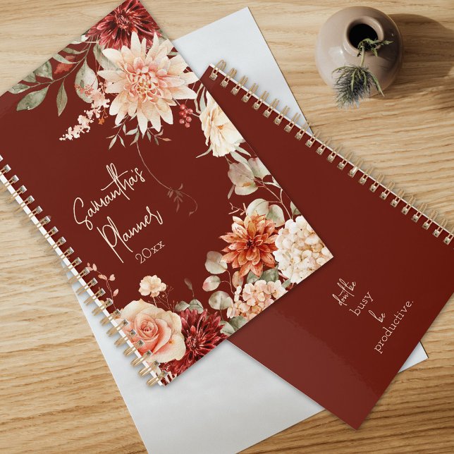 Boho Chic Floral Botanique Épicé Couleurs automne (Beautiful mixed floral planner in spicy fall colors.  Monthly and weekly views for one year.)