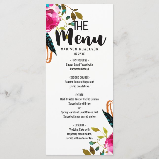 Boho Chic Floral Watercolor Menu Mariage (Devant)
