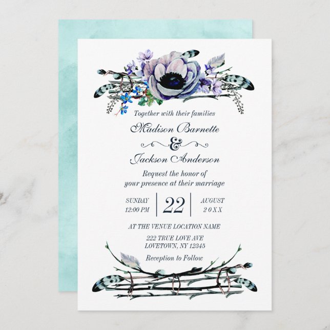 Boho Chic Mint & Navy Floral Faire-part de mariage (Devant / Derrière)