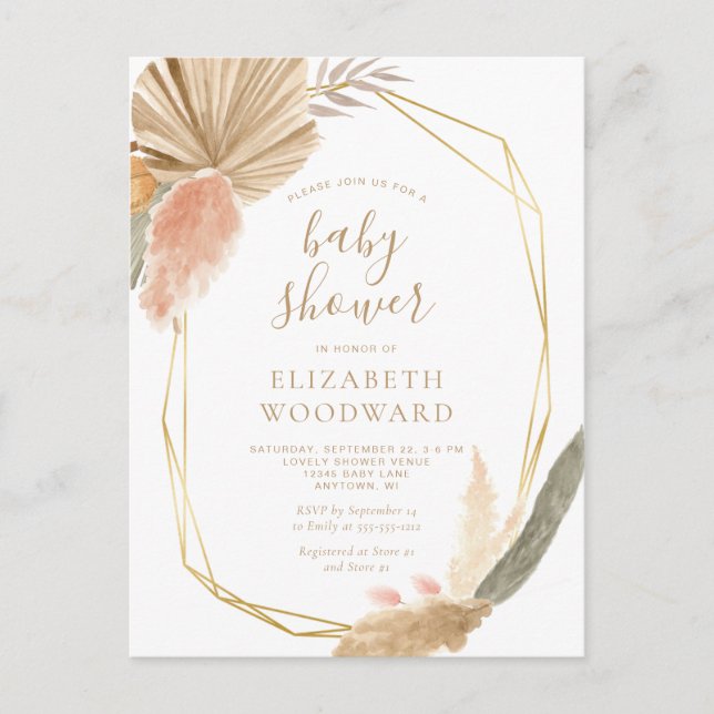 Boho Chic Pampas Baby shower en herbe Invitation (Devant)