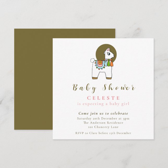 Boho chic pinata llama baby shower carte d'invitat (Devant / Derrière)