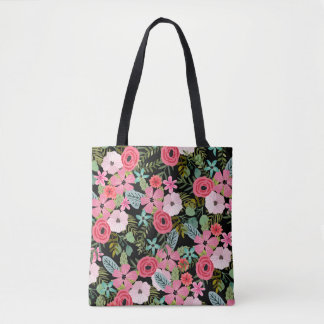 Boho chic sac fourre-tout floral rose noir
