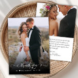 Boho Chic Script 2 Mariage photo Carte de remercie<br><div class="desc">Moderne Boho Chic Calligraphie Script Mariage 2 Carte de remerciements photo. Un mariage élégant vous remercie modèle avec une photo pleine verticale sur le devant avec le texte "Merci" dans une main tourbillonnant fantaisie lettrage calligraphie ou typographie script de police de queue d'escompte en blanc superposition sur l'image. Petit motif...</div>