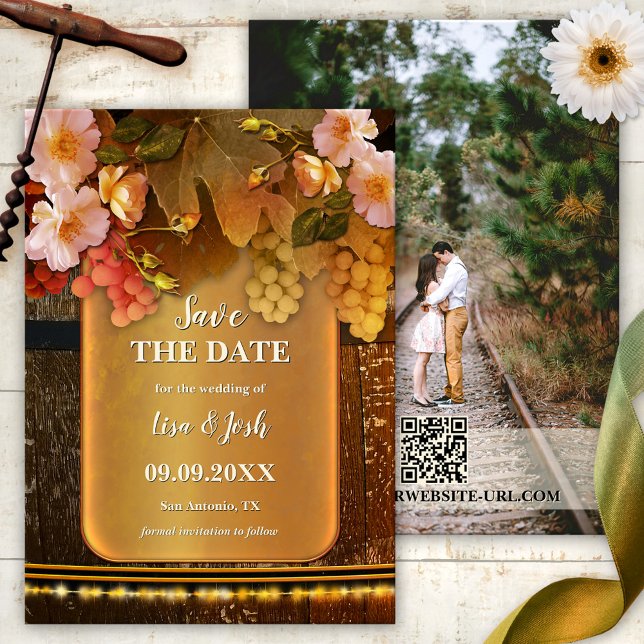 Boho Chic Vin Photo Thème Enregistrer la carte Dat (Save the Date card with a wine theme, featuring grapes and pink roses on a gold artistic design)