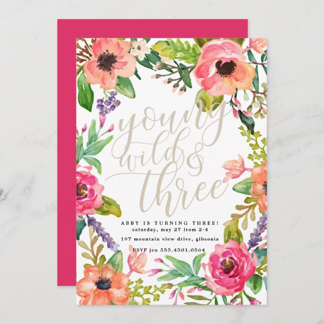 Boho Chic Young Wild and Three Birthday Invitation (Devant / Derrière)