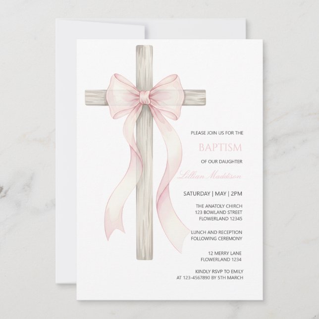 Boho Christening Baptism girl bow invitation (Devant)