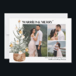 Boho Christmas Tree Newlylyly 3 Photo Holiday Card<br><div class="desc">Partagez vos photos de mariage préférées avec cette carte Marié et Joyeux Noël. Il dispose d'un collage classique de 3 photos qui est très facile à customiser. Joyeux et Marié est écrit en haut dans une police populaire et tendance. Un arbre de Noël très Boho dans un panier à cordes...</div>
