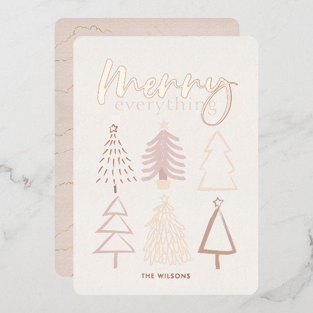Boho Christmas Trees Rose Gold Foil Carte de vacan (Recto/Verso)
