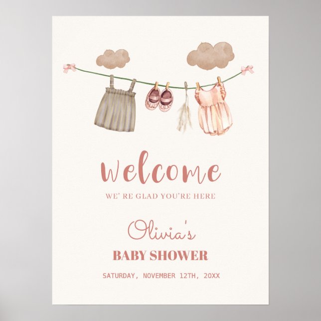 Boho Clothesline Girl Baby shower Affiche de bienv (Devant)