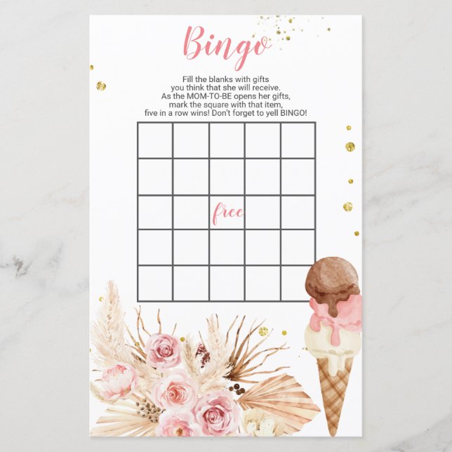 Boho crème glacée Fleurs roses baby shower Bingo J (Devant)