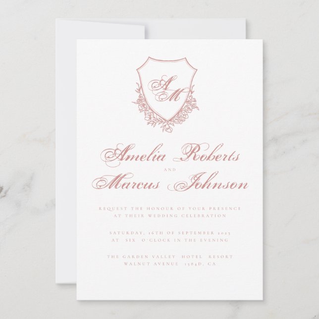 Boho Crest Blush rose Faire-part de mariage (Devant)