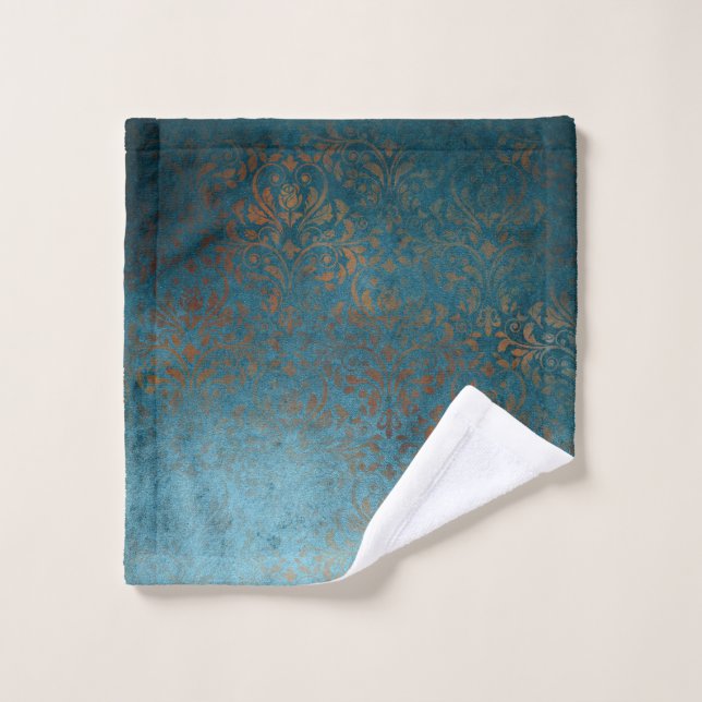 Boho Cuivre bleu Damask Grunge (Gant de toilette)