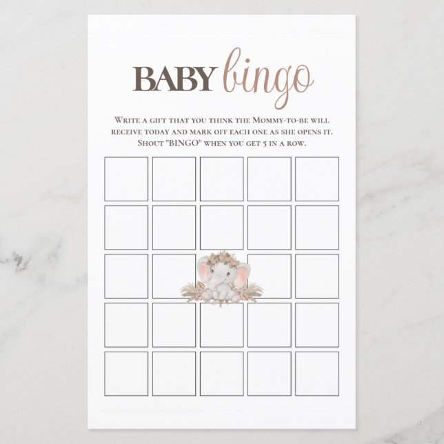 Boho Cute Elephant Baby Bingo Baby shower Jeu (Devant)