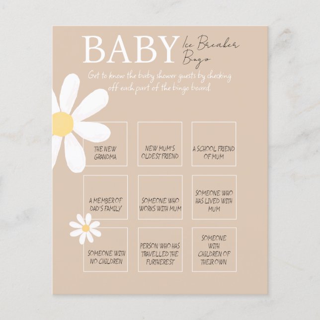 Boho Daisy Floral Baby Ice Breaker Jeu de Bingo (Devant)