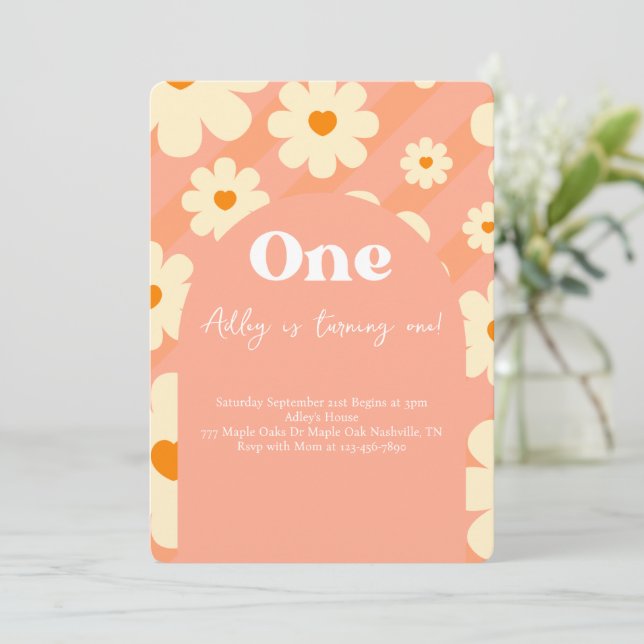 Boho Daisy Rainbow 1er Retro Invitation d'annivers (Debout devant)